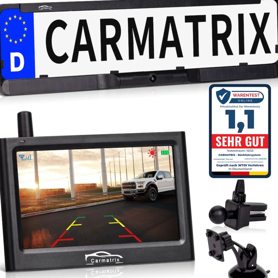 CARMATRIX Solar Funk Rückfahrkamera im Kennzeichen mit Monitor Rückfahrsystem Auto