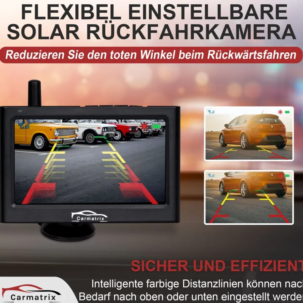 CARMATRIX Solar Funk Rückfahrkamera im Kennzeichen mit Monitor Rückfahrsystem Auto