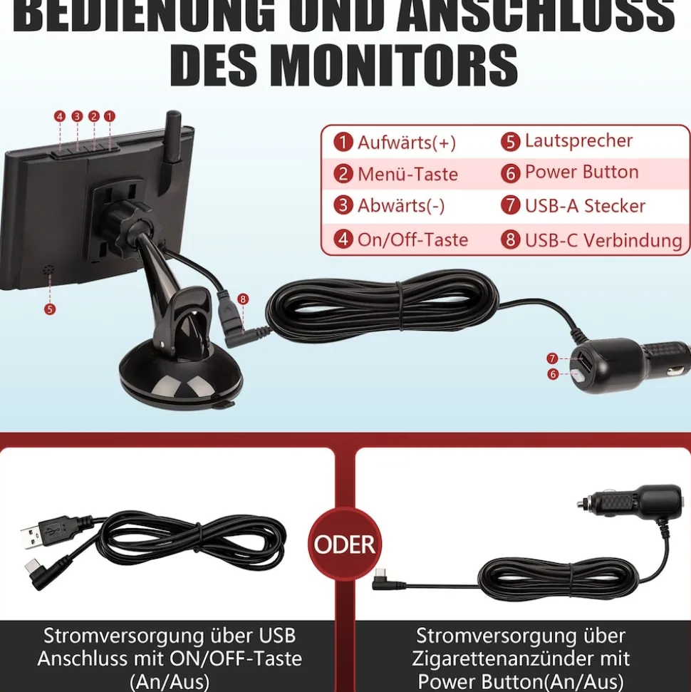 CARMATRIX Solar Funk Rückfahrkamera im Kennzeichen mit Monitor Rückfahrsystem Auto