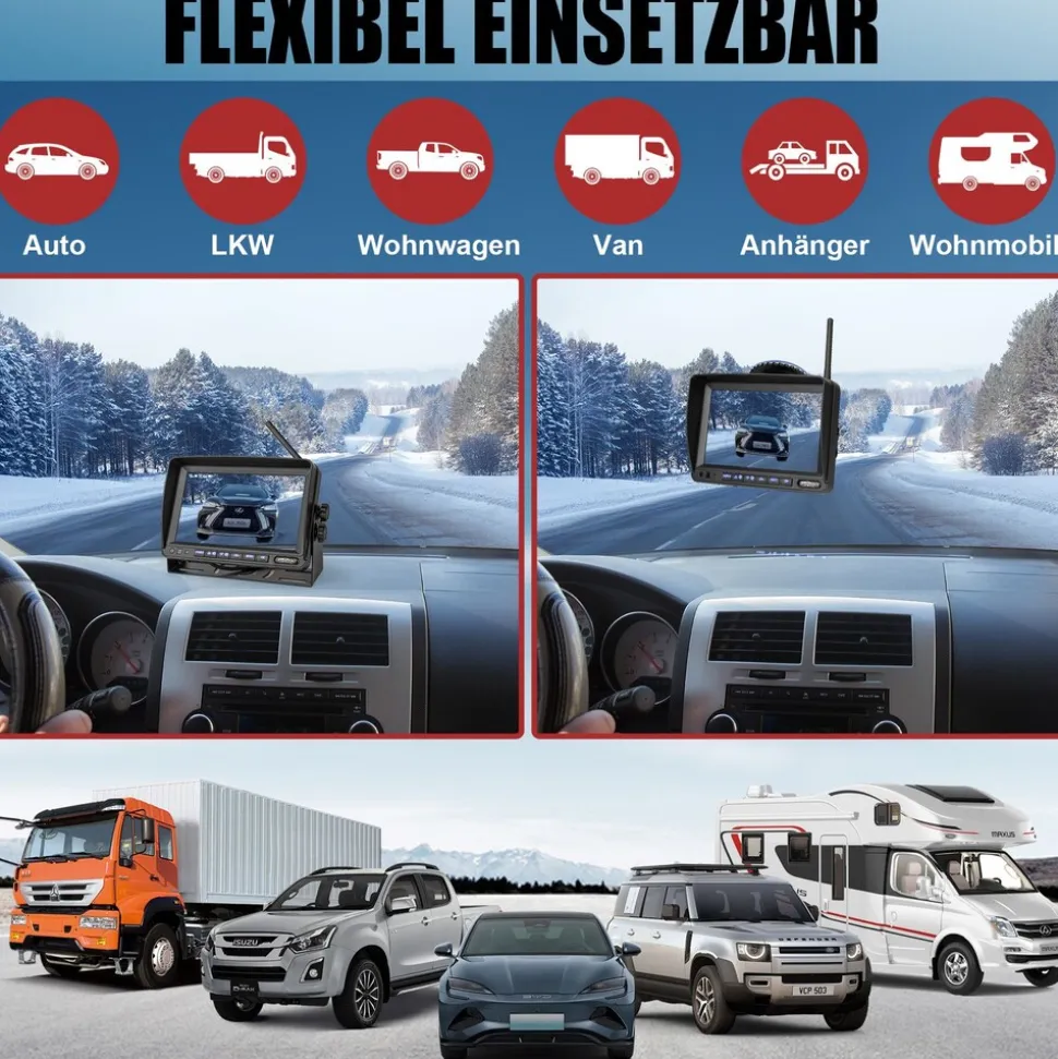 CARMATRIX Solar Rückfahrsystem 7" Monitor magnetische Rückfahrkamera mit Akku für Wohnmobil, LKW, Transporter