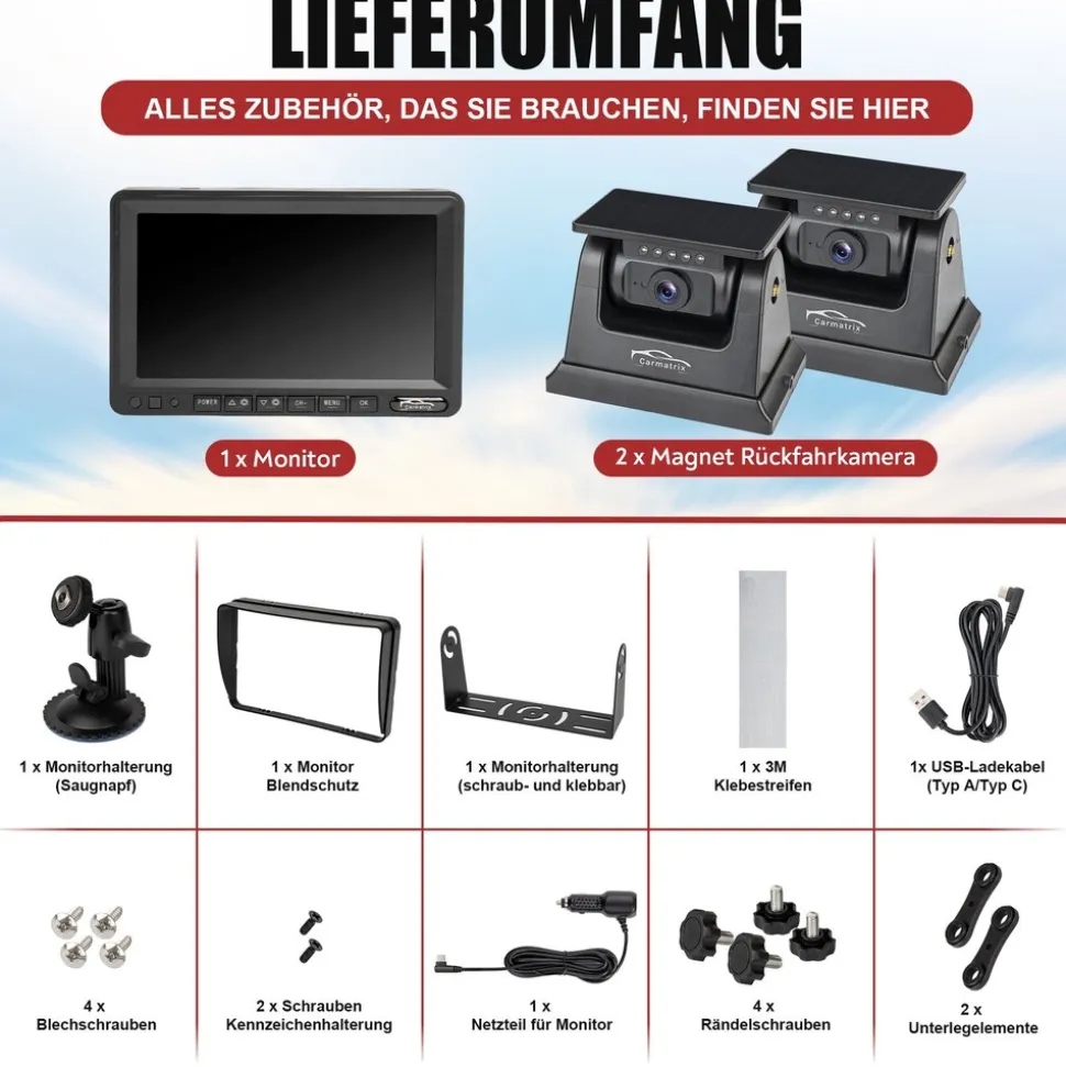 CARMATRIX Solar Rückfahrsystem 7" Monitor magnetische Rückfahrkamera mit Akku für Wohnmobil, LKW, Transporter