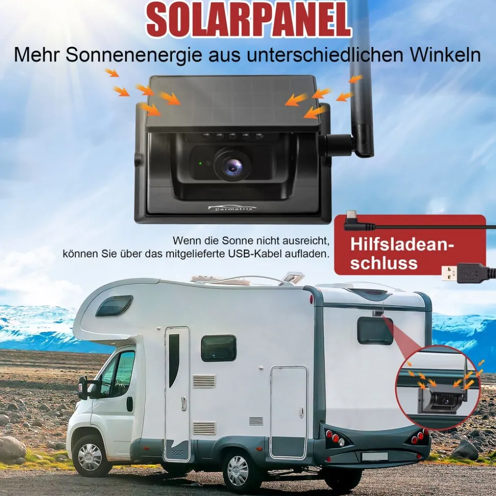 CARMATRIX Solar Rückfahrsystem 7" Monitor magnetische Rückfahrkamera mit Akku für Wohnmobil, LKW, Transporter