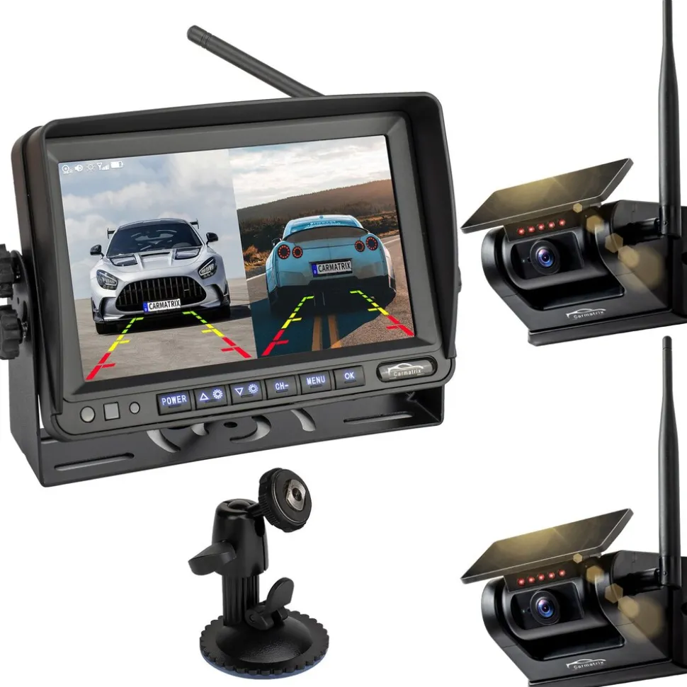 CARMATRIX Solar Rückfahrsystem 7" Monitor magnetische Rückfahrkamera mit Akku für Wohnmobil, LKW, Transporter