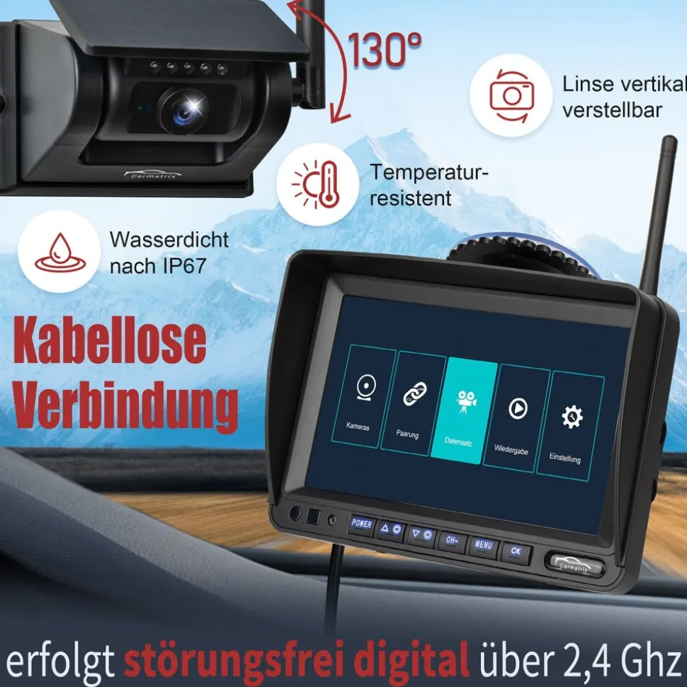 CARMATRIX Solar Rückfahrsystem 7" Monitor magnetische Rückfahrkamera mit Akku für Wohnmobil, LKW, Transporter