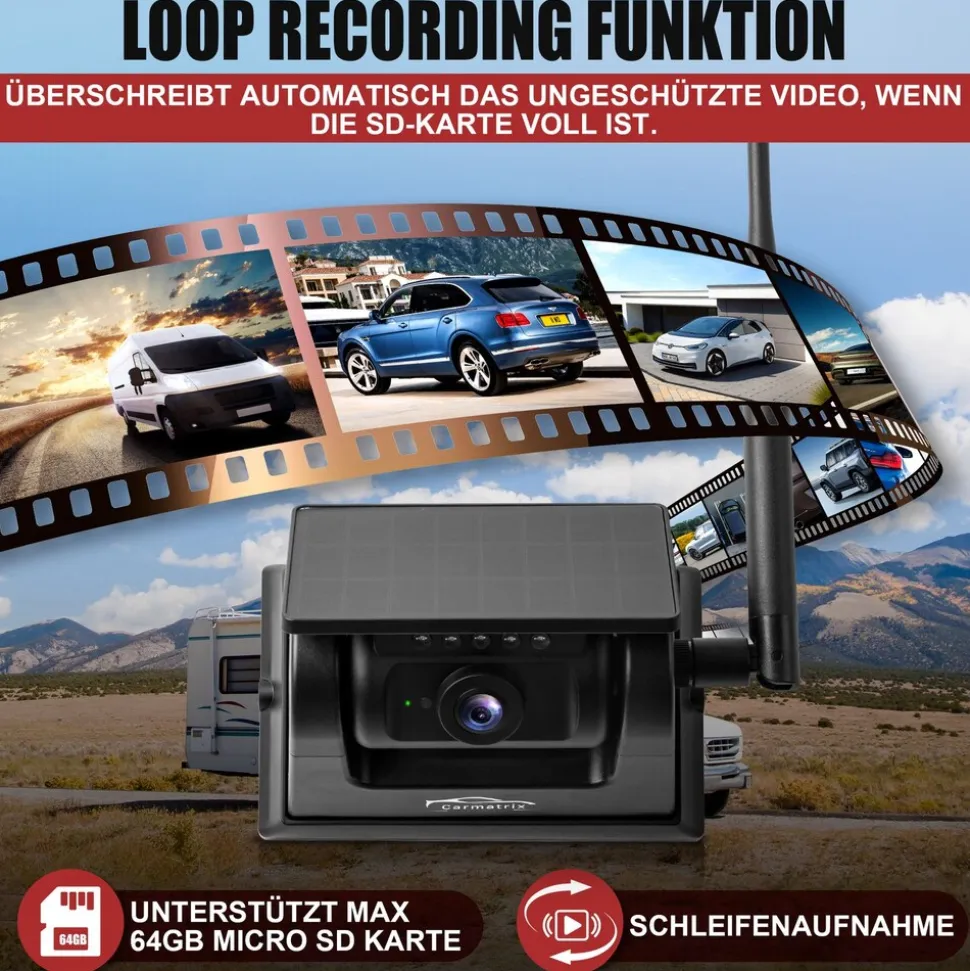 CARMATRIX Solar Rückfahrsystem 7" Monitor magnetische Rückfahrkamera mit Akku für Wohnmobil, LKW, Transporter