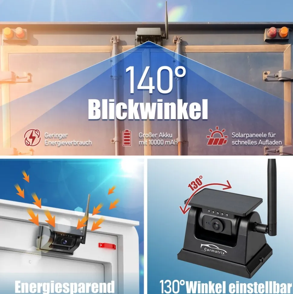 CARMATRIX Solar Rückfahrsystem 7" Monitor magnetische Rückfahrkamera mit Akku für Wohnmobil, LKW, Transporter