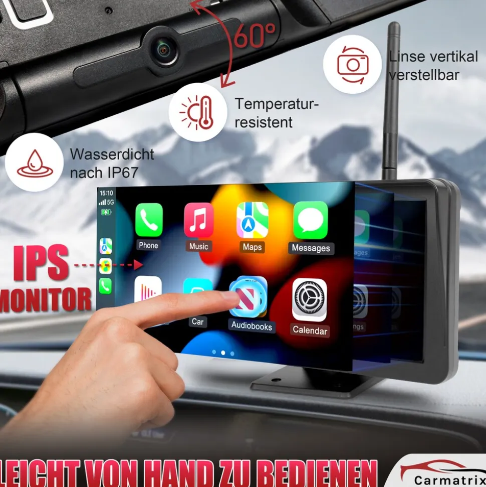 CARMATRIX Solar Rückfahrsystem mit Android Auto und Apple CarPlay, GoogleMaps, YouTube