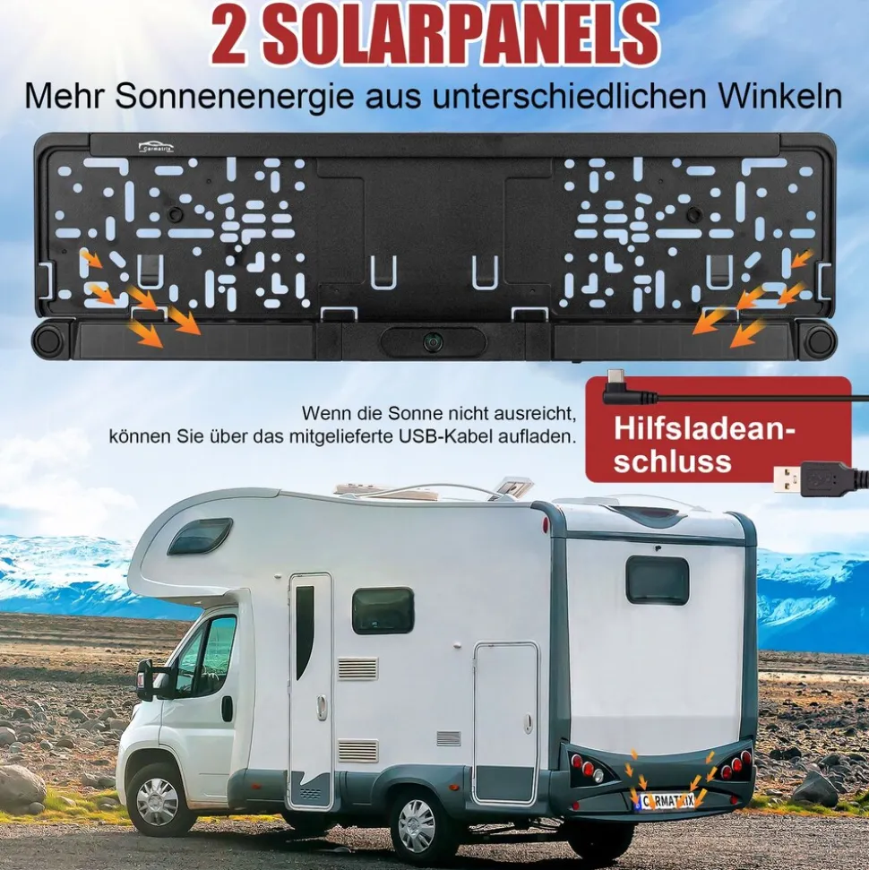 CARMATRIX Solar Rückfahrsystem 7" IPS-HD Monitor Rückfahrkamera für Wohnmobil, Wohnwagen, Transporter