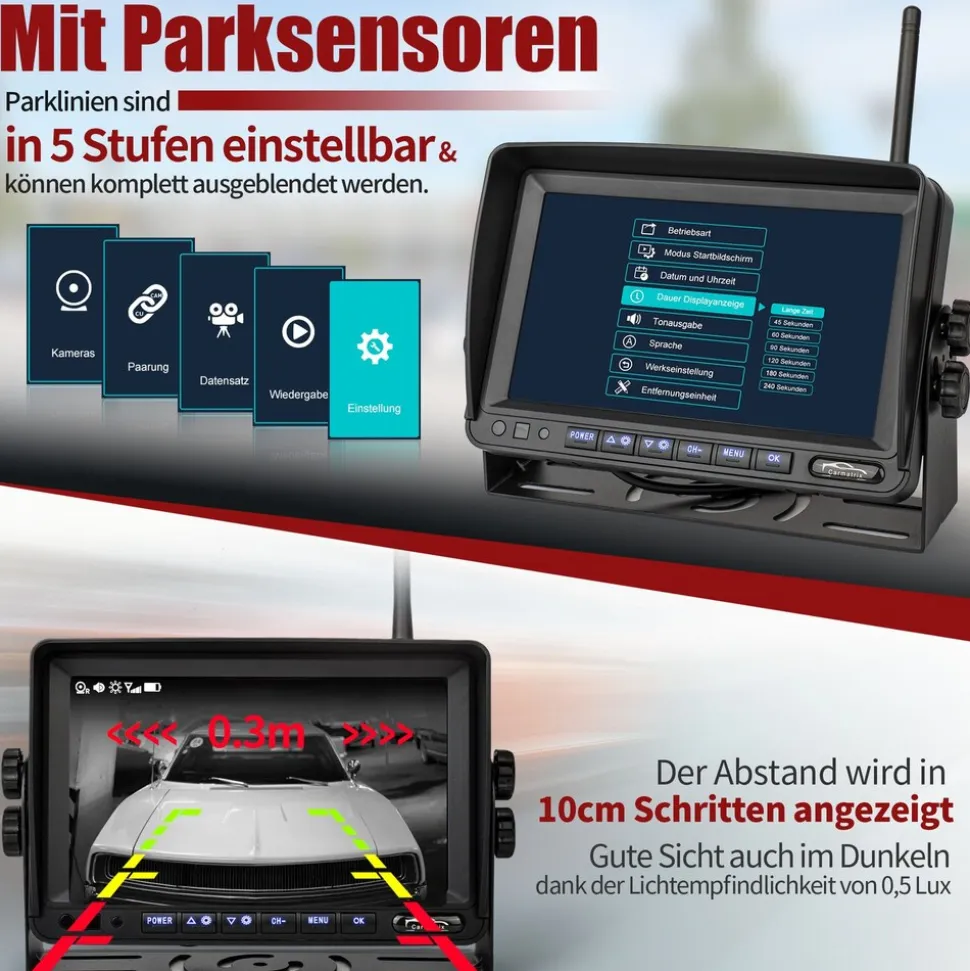 CARMATRIX Solar Rückfahrsystem 7" IPS-HD Monitor Rückfahrkamera für Wohnmobil, Wohnwagen, Transporter