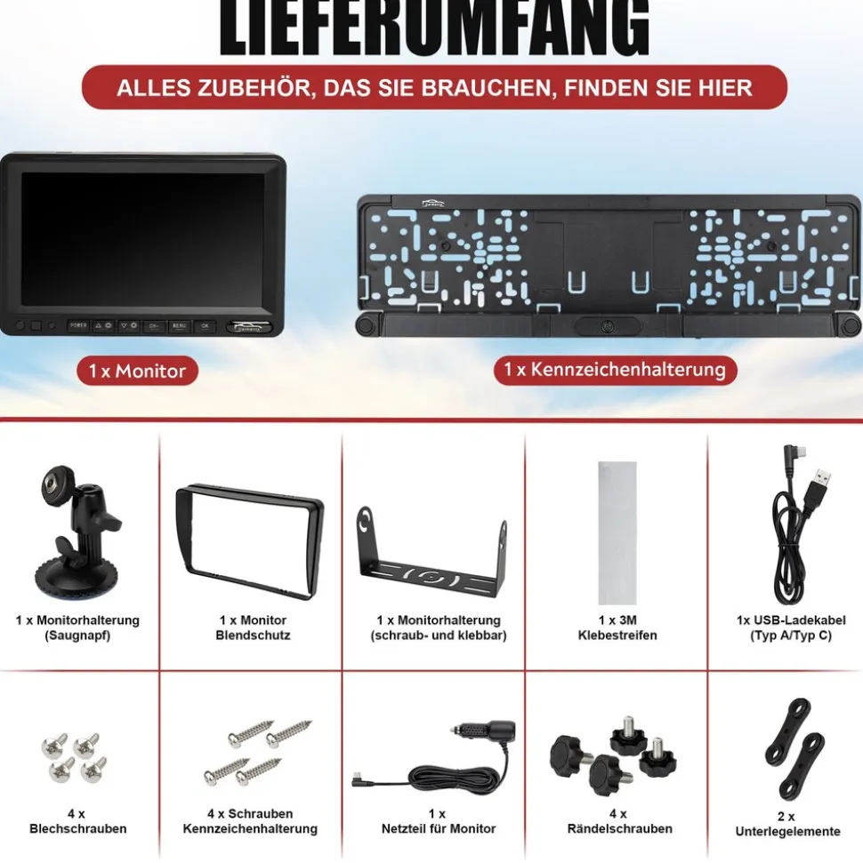 CARMATRIX Solar Rückfahrsystem 7" IPS-HD Monitor Rückfahrkamera für Wohnmobil, Wohnwagen, Transporter