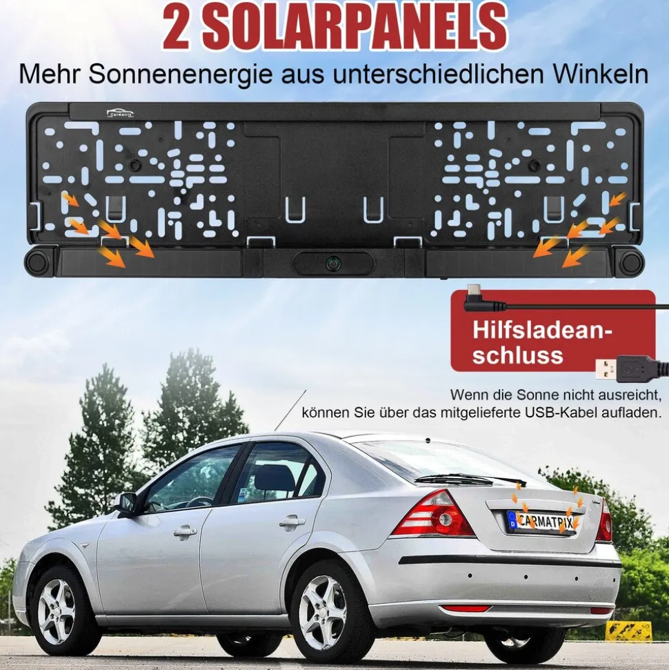 CARMATRIX Solar Rückfahrsystem HD Rückfahrkamera im Nummernschild mit Einparksensoren für Front und Heck
