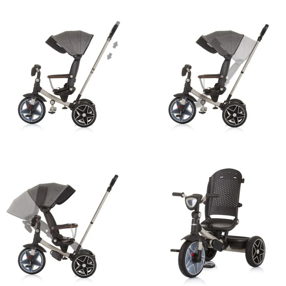Chipolino Dreirad, Tricycle Derby 2 in 1 Musik, Licht, Korb, Schiebegriff, Gurt grau