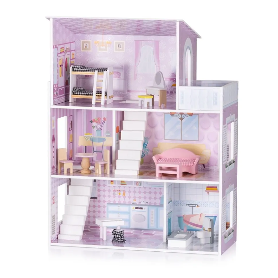 Chipolino Holz-Puppenhaus 12-teiliges Möbel-Set, Treppen, 3-Ebenen, ab 3 Jahren rosa