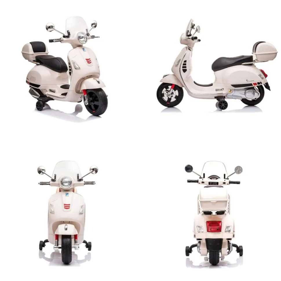 Chipolino Kindermotorrad Vespa GTS Super Heckstaufach Musik MP3 Licht 2-3 km/h weiß