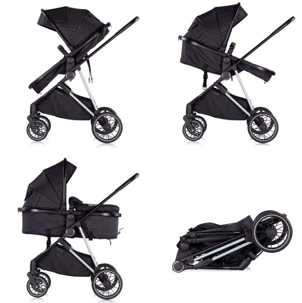 Chipolino Kinderwagen Aura 2 in 1 umbaubar Wickeltasche Sitz umkehrbar bis 22 kg schwarz gemustert