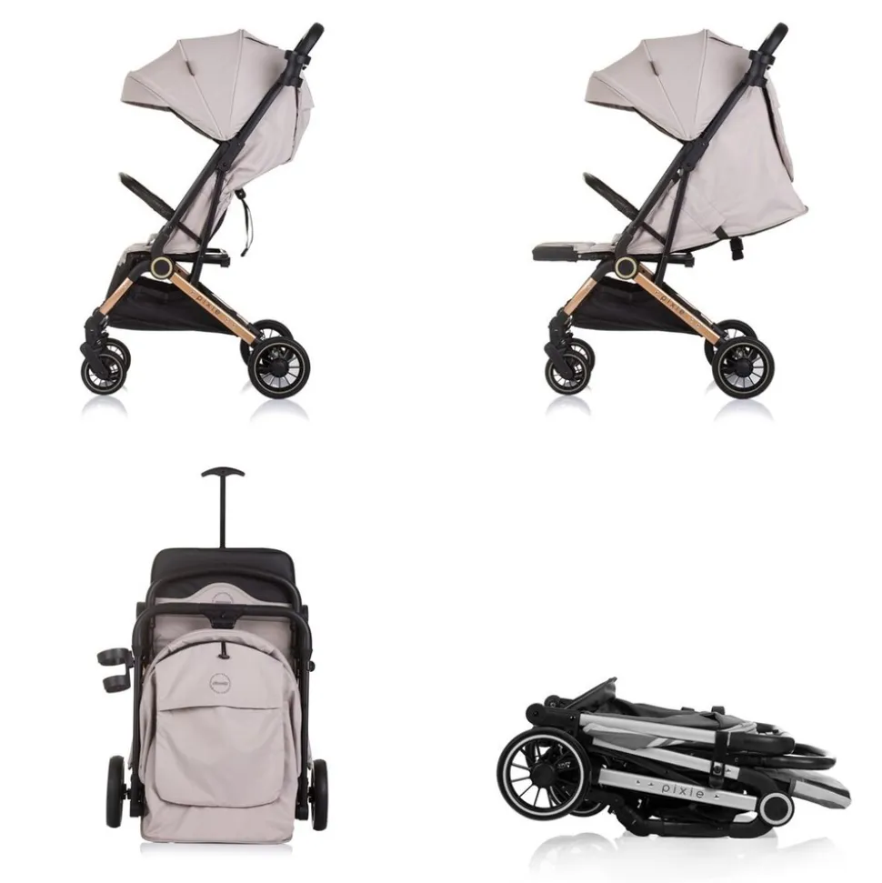 Chipolino Kinderwagen, Buggy Pixie zusammenklappbar Getränkehalter Korb 22 kg hellbraun