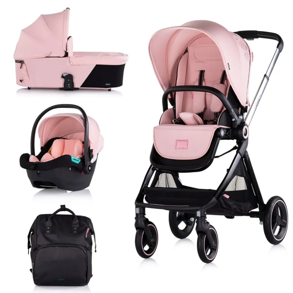 Chipolino Kinderwagen Elite 3 in 1 i-Size Babyschale Sportsitz Babywanne Tasche pink