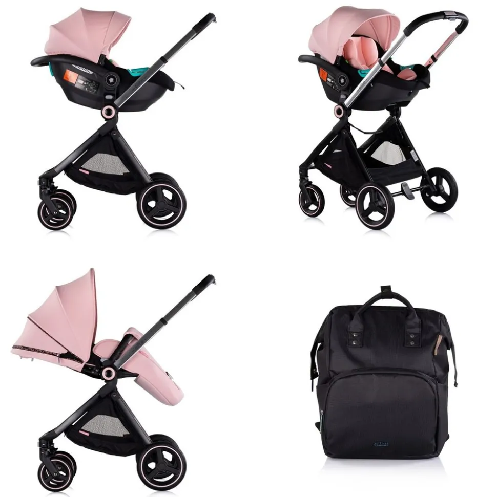 Chipolino Kinderwagen Elite 3 in 1 i-Size Babyschale Sportsitz Babywanne Tasche pink