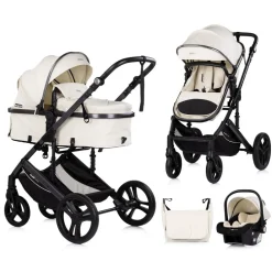Chipolino Kinderwagen 3 in 1 Amore Babyschale Adapter Wickeltasche Fußabdeckung beige-schwarz