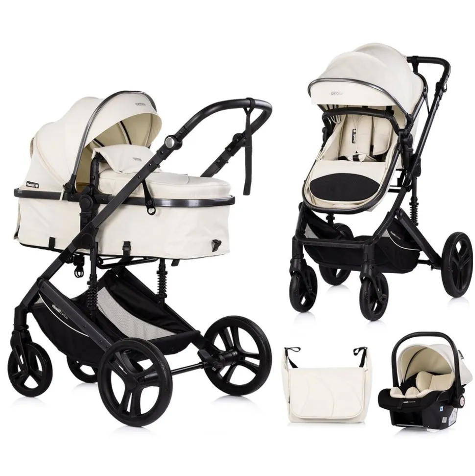 Chipolino Kinderwagen 3 in 1 Amore Babyschale Adapter Wickeltasche Fußabdeckung beige-schwarz