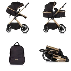 Chipolino Kombikinderwagen Pearl 2 in 1 umbaubar Rucksack Fußsack Korb Federung schwarz