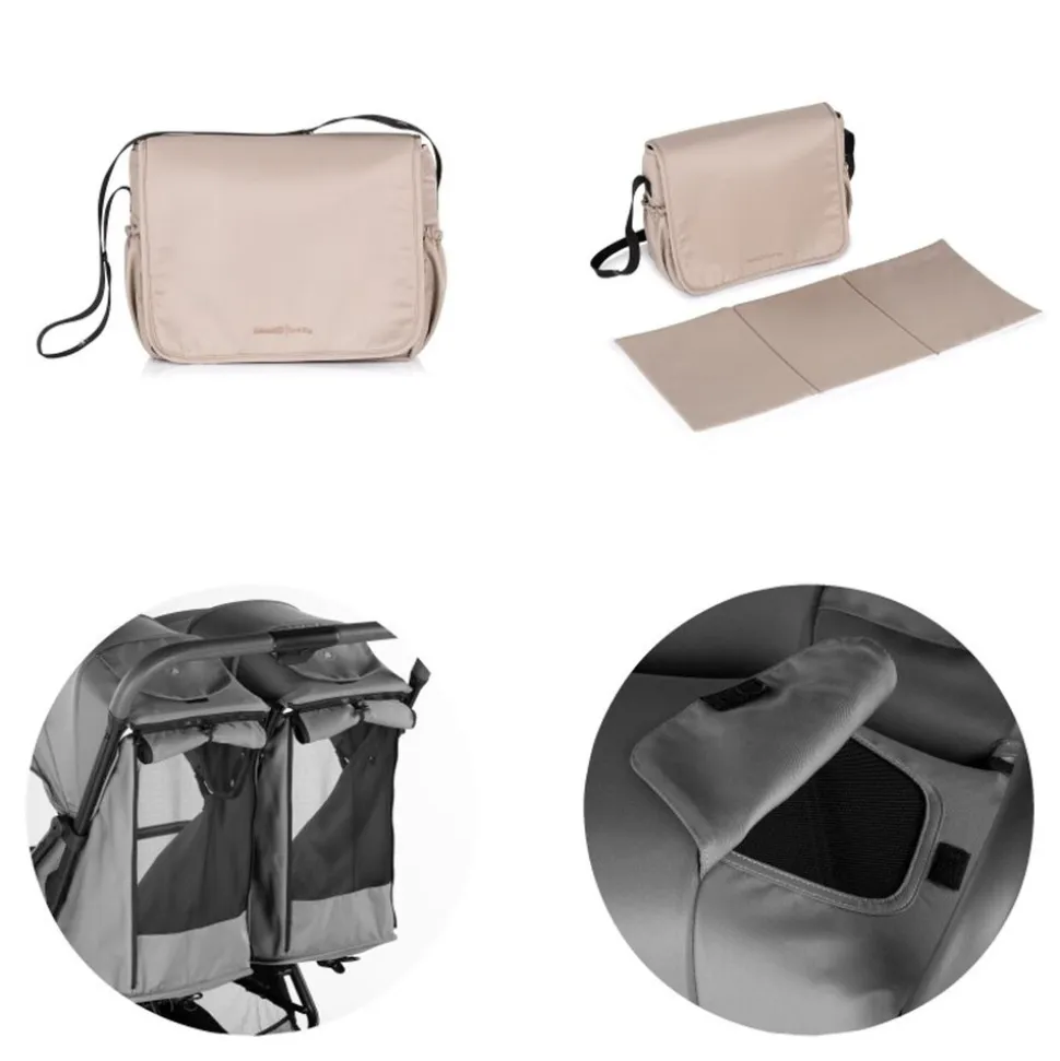 Chipolino Zwillingskinderwagen Twinity Fußabdeckung Wickeltasche Becherhalter beige