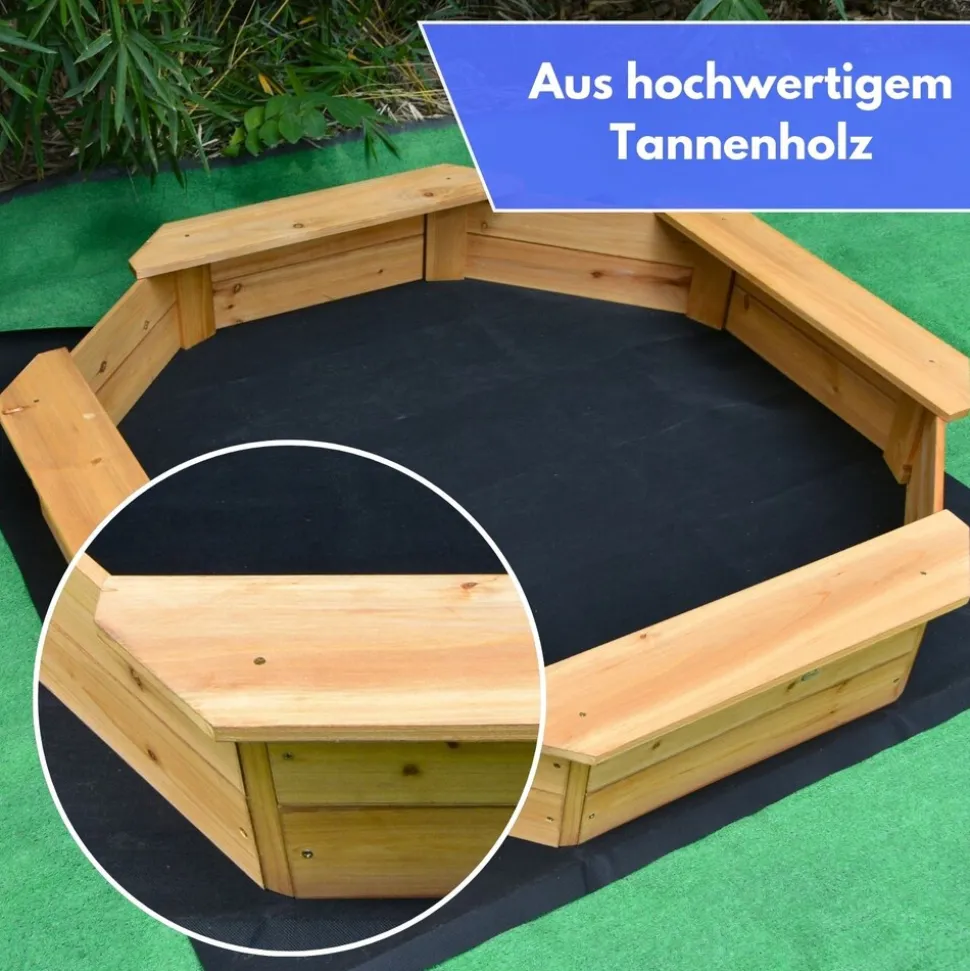 Coemo 6-eckiger Sandkasten Sally Holz inkl. Bodenplane 135x135x20 cm