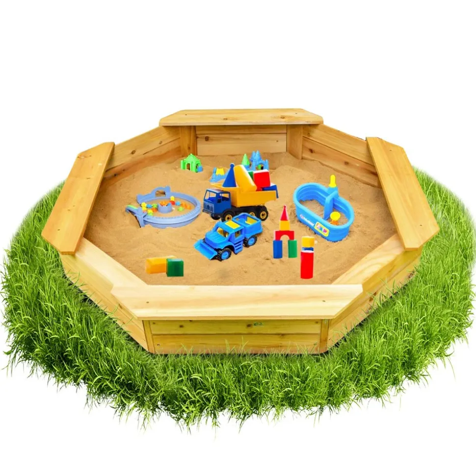 Coemo 6-eckiger Sandkasten Sally Holz inkl. Bodenplane 135x135x20 cm