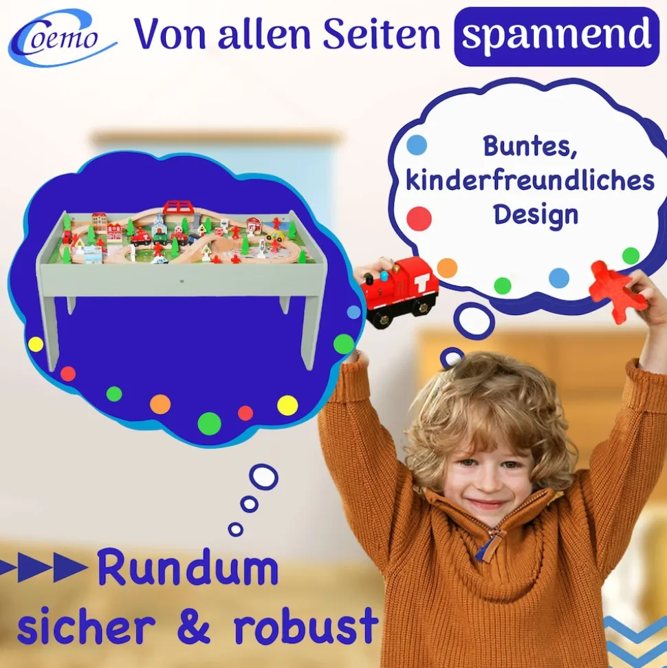 Coemo Spieltisch mit 90-tlg. Holzeisenbahn Farbe Mintgrün