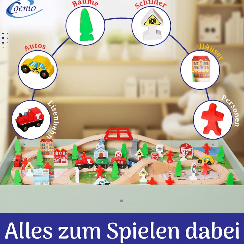 Coemo Spieltisch mit 90-tlg. Holzeisenbahn Farbe Mintgrün