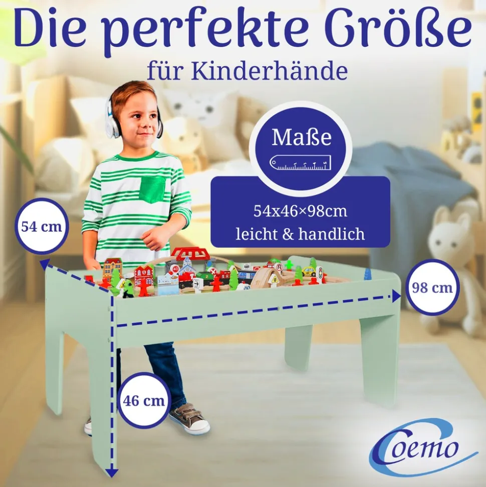 Coemo Spieltisch mit 90-tlg. Holzeisenbahn Farbe Mintgrün