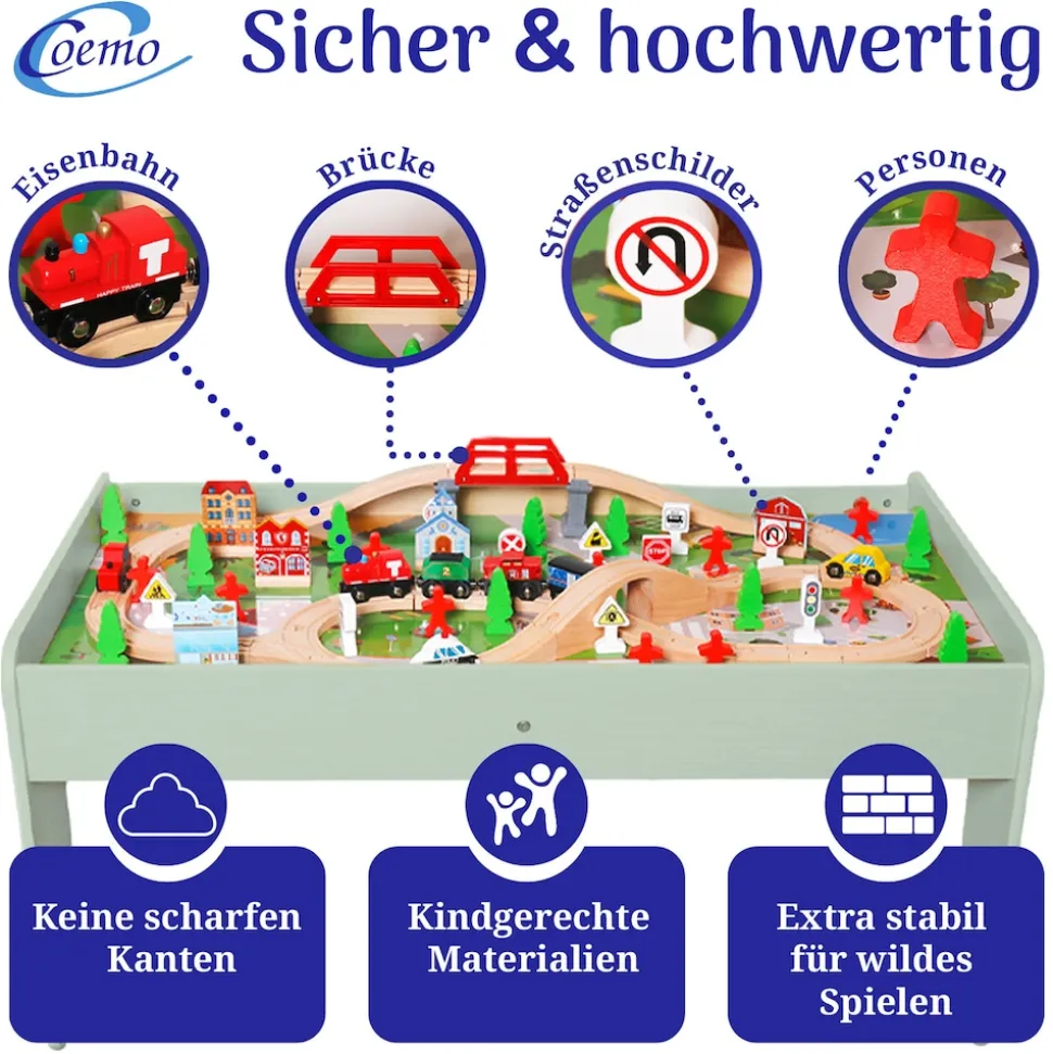 Coemo Spieltisch mit 90-tlg. Holzeisenbahn Farbe Mintgrün