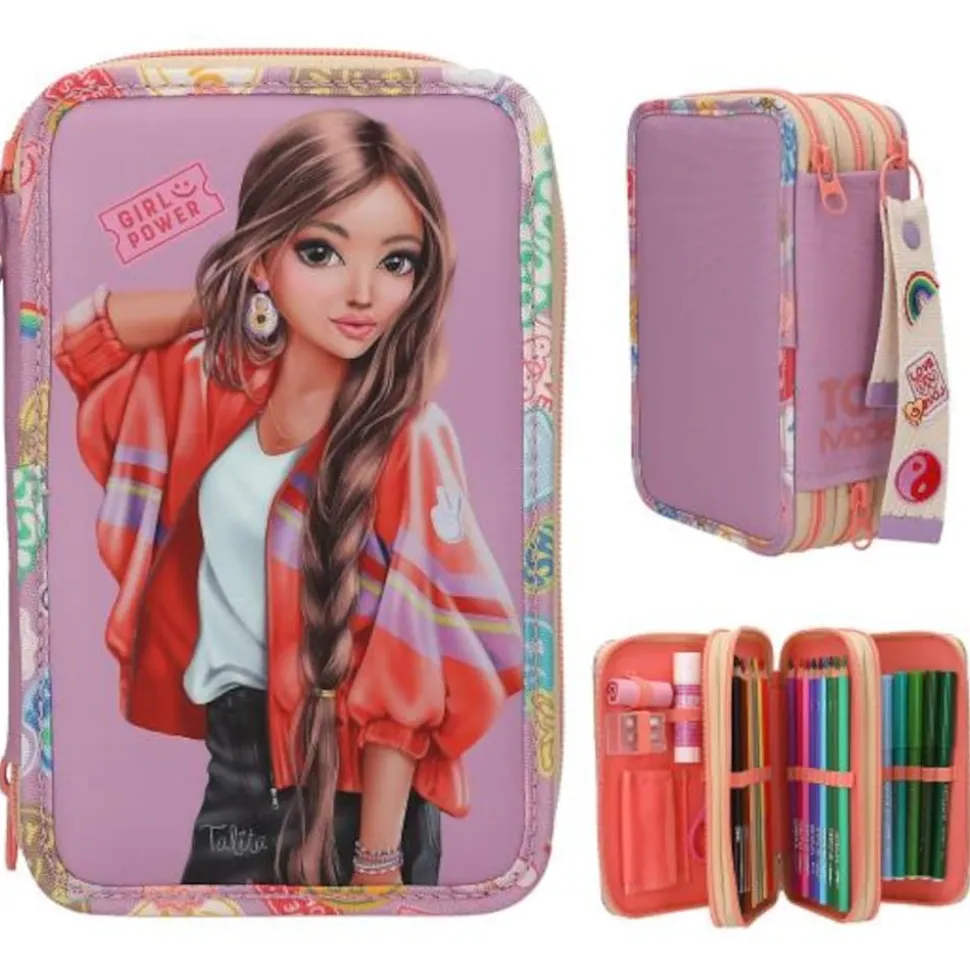Depesche 3-Fach Federtasche mit Anhänger GIRL POWER inkl. Stifte TOPModel 7,5 x 13 x 20 cm