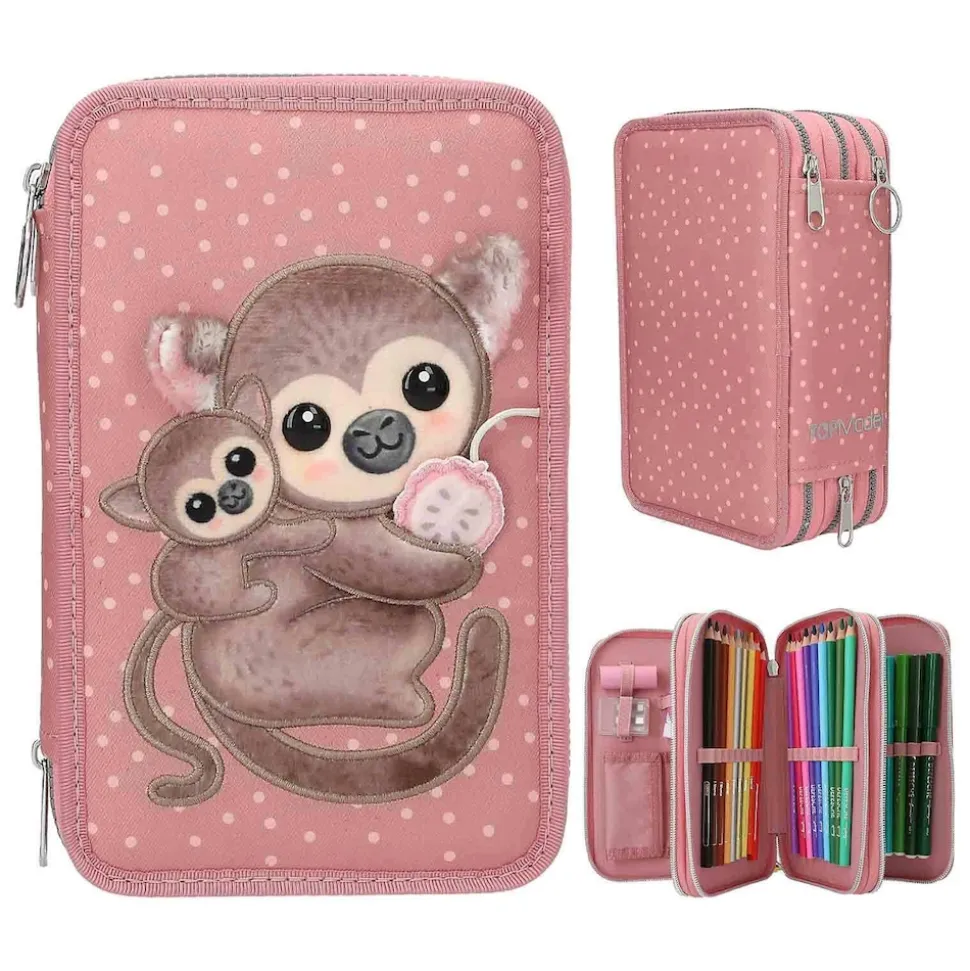 Depesche 3-Fach Federtasche mit Affen-Applikation JUICY inkl. Stifte TOPModel 7,5 x 13 x 20 cm