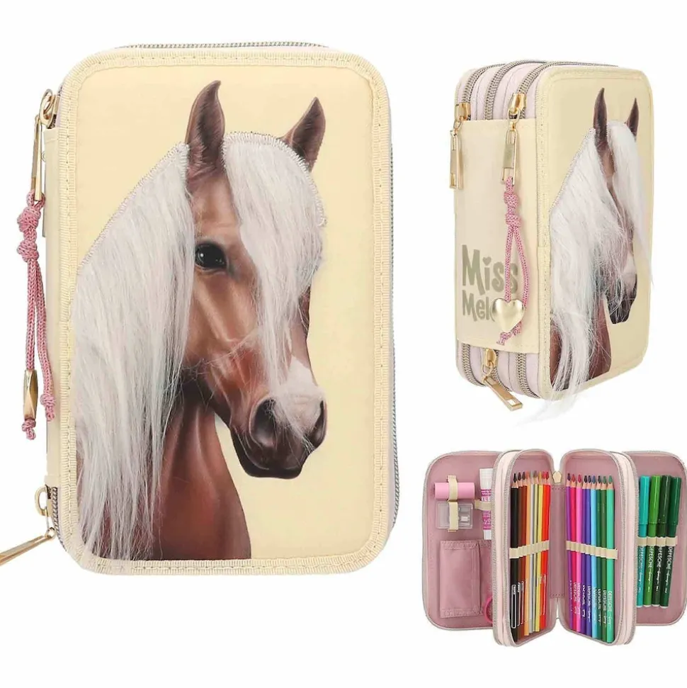 Depesche 3-Fach Federtasche mit Pferdekopf-Applikation inkl. Stifte Miss Melody 7,5 x 13 x 20 cm