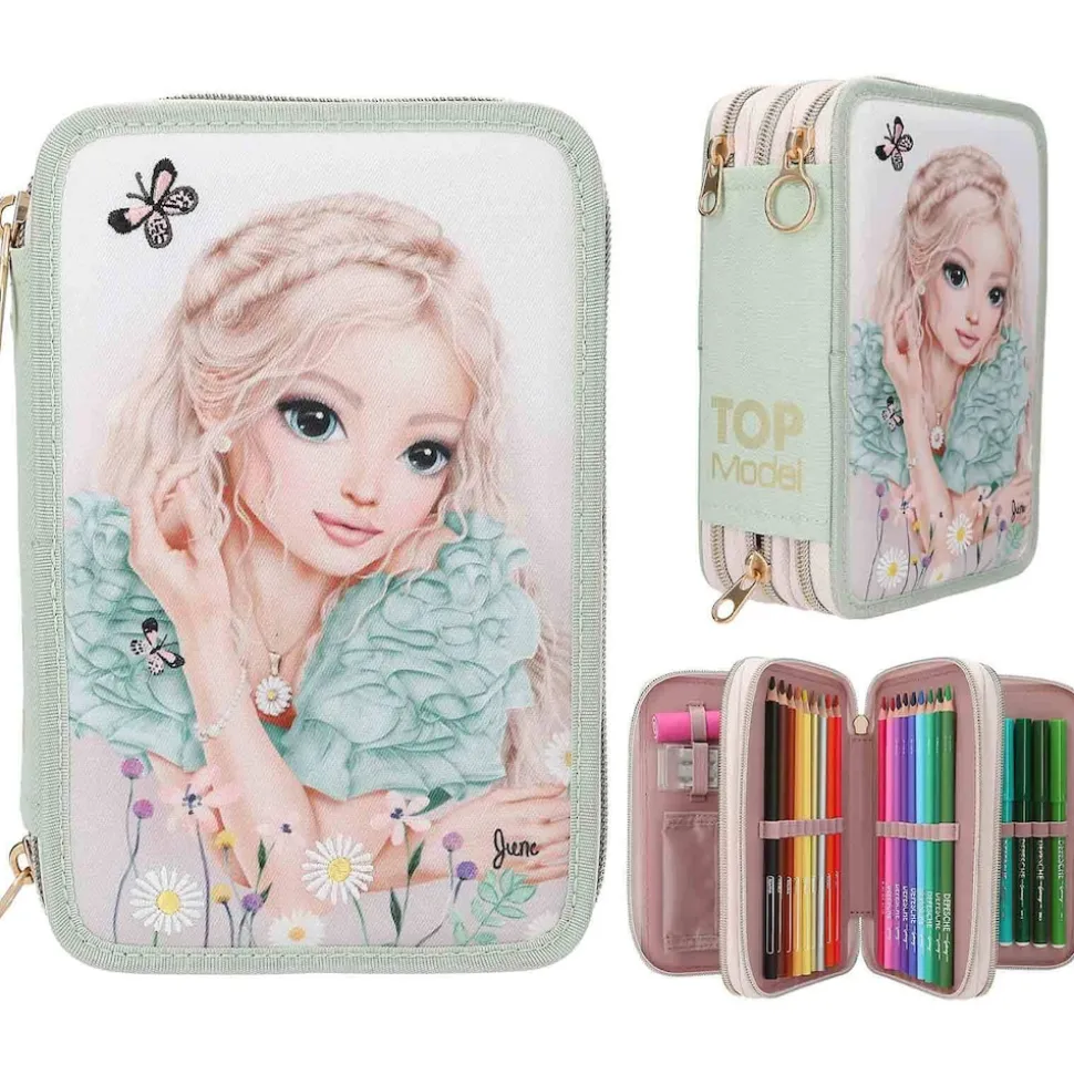 Depesche 3-Fach Federtasche mit Stickerei SUMMER FEELING inkl. Stifte TOPModel 7,5 x 13 x 20 cm
