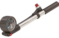 Dämpferpumpe, für Dämpfer und Federgabel, 20 bar, mit Manometer, mit Drehschlauch und Entlüftungsknopf, mit ausklappbarem T-Griff