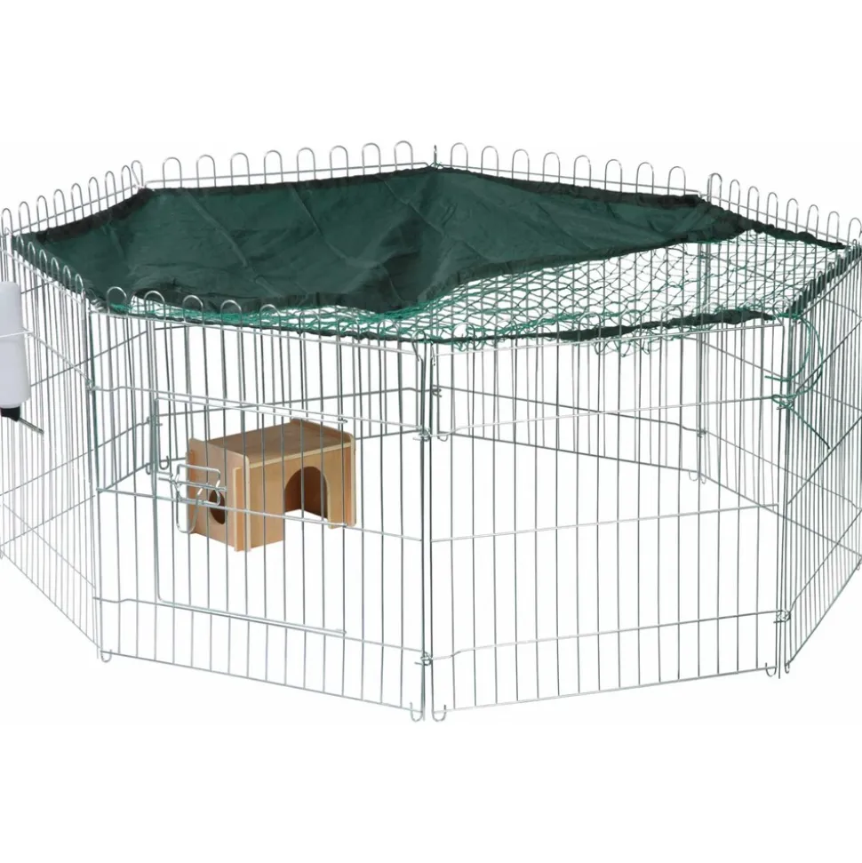 Dobar Großes Freilaufgehege aus Metall (inkl. Schutznetz, Sonnenschutz, Schutzhaus, Trinkflasche) Ø130 cm, 112x112x56 cm