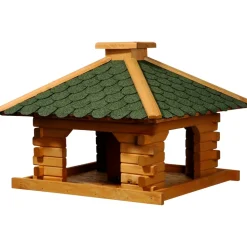 Dobar Rustikales XL-Vogelfutterhaus im Blockhaus-Stil mit grünem Bitumendach, Vogelhaus mit integriertem Futtersilo