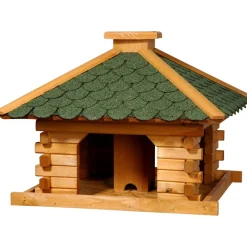 Dobar Rustikales XL-Vogelfutterhaus im Blockhaus-Stil mit grünem Bitumendach, Vogelhaus mit integriertem Futtersilo