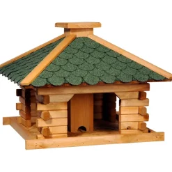 Dobar Rustikales XL-Vogelfutterhaus im Blockhaus-Stil mit grünem Bitumendach, Vogelhaus mit integriertem Futtersilo