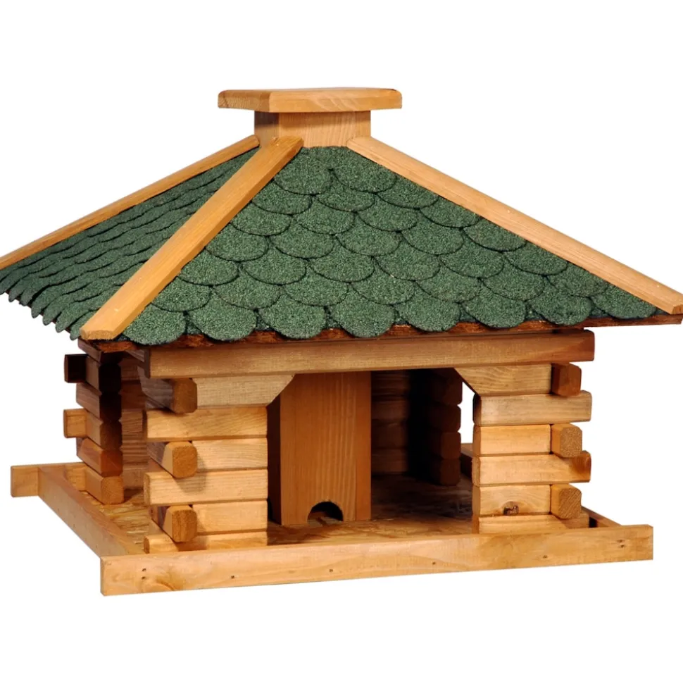 Dobar Rustikales XL-Vogelfutterhaus im Blockhaus-Stil mit grünem Bitumendach, Vogelhaus mit integriertem Futtersilo