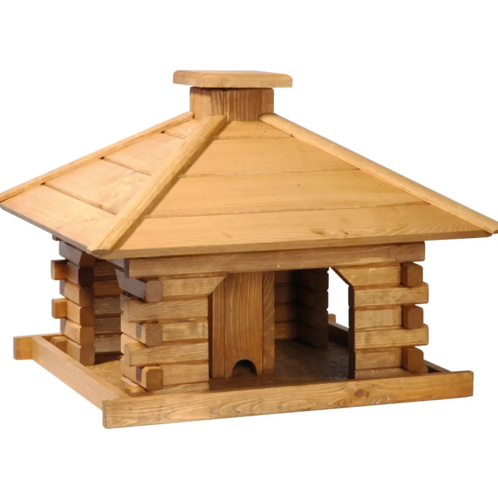 Dobar Rustikales XL-Vogelfutterhaus im Blockhaus-Stil mit dekorativem Holzdach, Vogelhaus mit integriertem Futtersilo