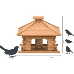 Dobar Rustikales XL-Vogelfutterhaus im Blockhaus-Stil mit dekorativem Holzdach, Vogelhaus mit integriertem Futtersilo