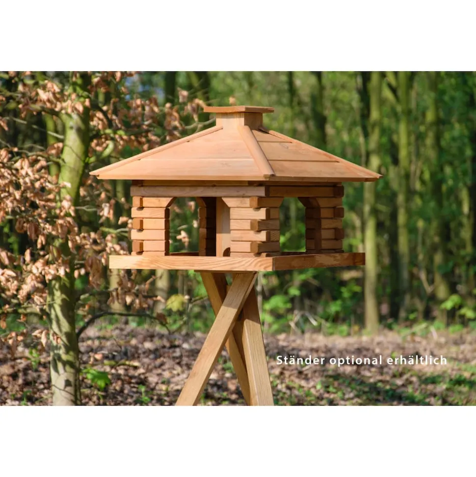 Dobar Rustikales XL-Vogelfutterhaus im Blockhaus-Stil mit dekorativem Holzdach, Vogelhaus mit integriertem Futtersilo