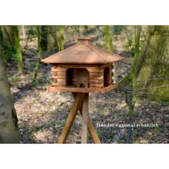 Dobar Rustikales XL-Vogelfutterhaus im Blockhaus-Stil mit dekorativem Holzdach, Vogelhaus mit integriertem Futtersilo