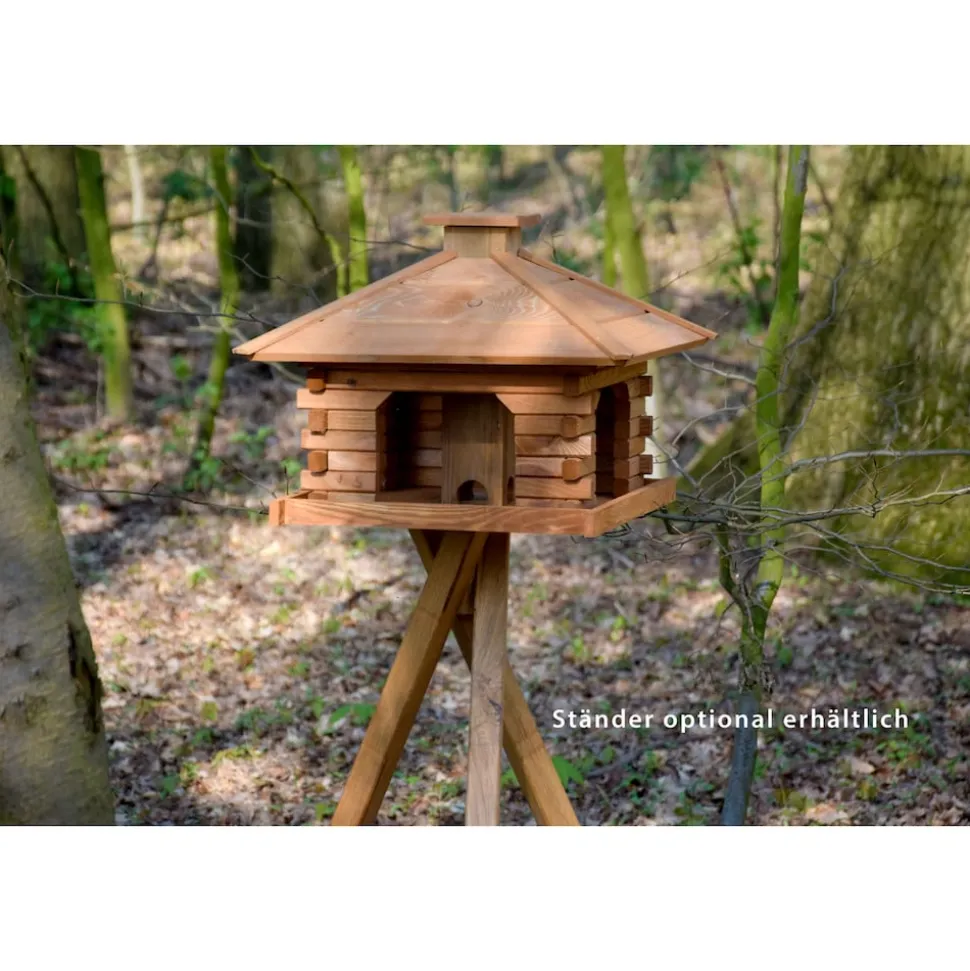 Dobar Rustikales XL-Vogelfutterhaus im Blockhaus-Stil mit dekorativem Holzdach, Vogelhaus mit integriertem Futtersilo