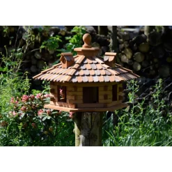 Dobar Rustikales XXL-Vogelfutterhaus im Blockhaus-Stil mit dekorativem Holzschindeldach, Vogelhaus mit 6 Einfluglöchern