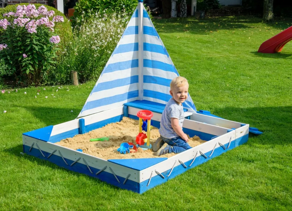 dobar Sandkasten "Maritim" mit Segel und Spielzeugkisten