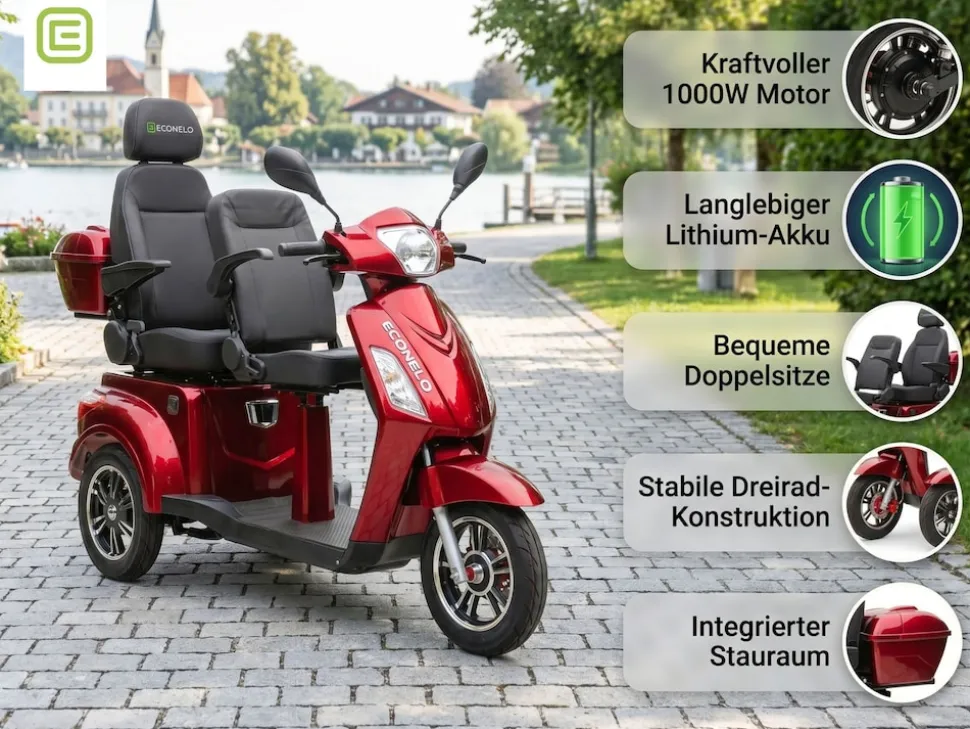 ECONELO E-Seniorenmobil Billy 2.0, Lithium-Akku, 3-Rad, 60V, 1000 Watt, groß Sitz, Rot